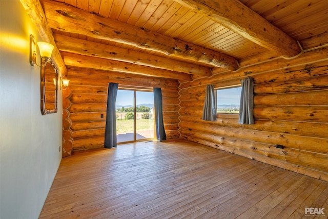 empty room with beamed ceiling, wood-type flooring, rustic walls, and wooden ceiling