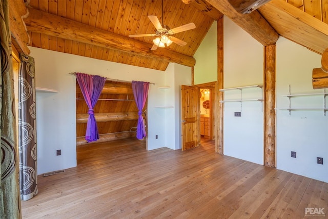 interior space featuring lofted ceiling with beams, light hardwood / wood-style floors, wood ceiling, and ceiling fan