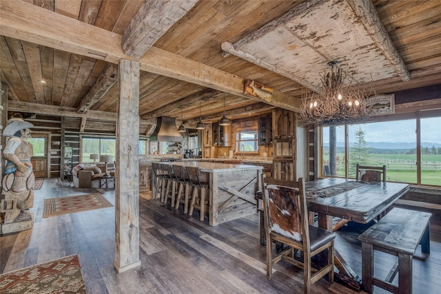 dining area featuring a notable chandelier, wooden ceiling, dark hardwood / wood-style floors, and beamed ceiling