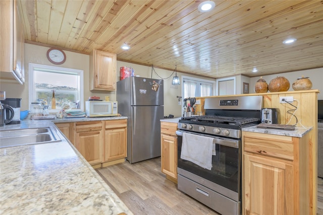 kitchen with light brown cabinets, light wood-type flooring, ornamental molding, appliances with stainless steel finishes, and wood ceiling