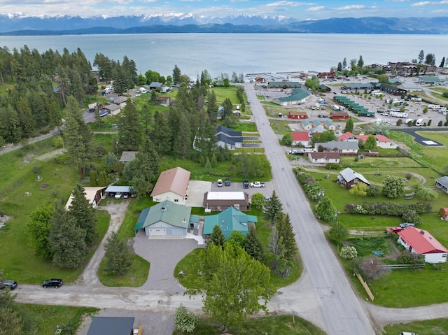 drone / aerial view featuring a water and mountain view