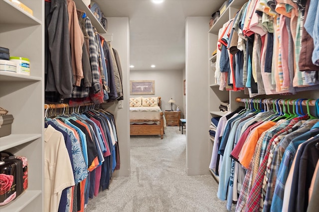 walk in closet featuring light colored carpet