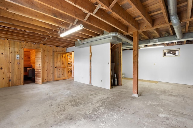 basement with wood walls