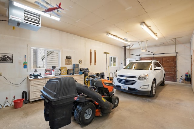 garage with a workshop area