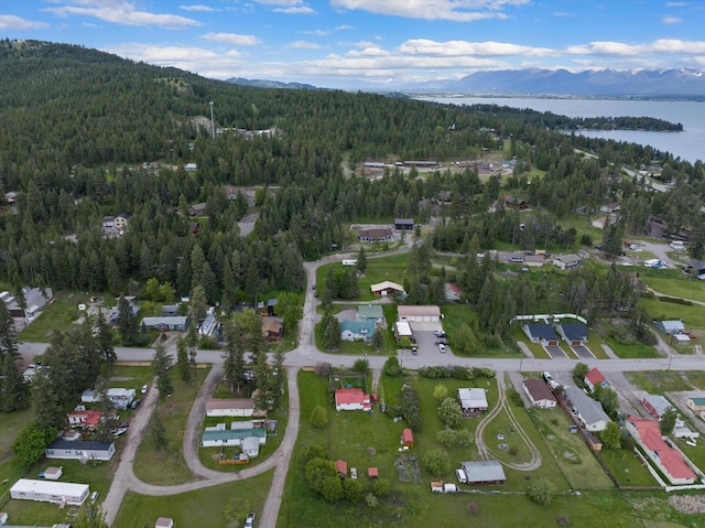 aerial view featuring a water and mountain view