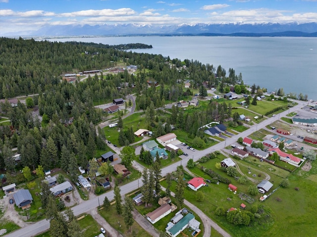 aerial view featuring a water and mountain view