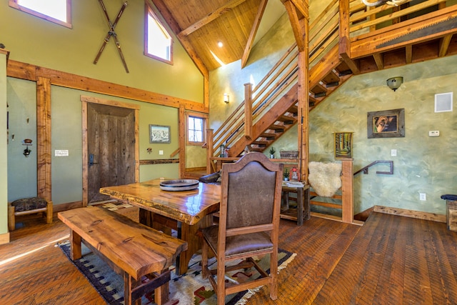 dining area featuring high vaulted ceiling, wooden ceiling, beamed ceiling, and a healthy amount of sunlight