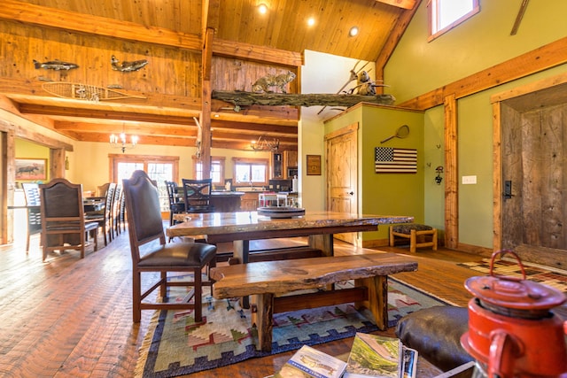 dining space with high vaulted ceiling, beamed ceiling, wood ceiling, and a chandelier