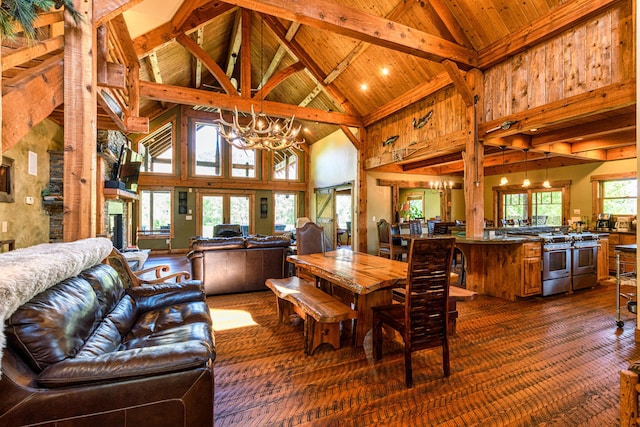 dining space with high vaulted ceiling, beam ceiling, an inviting chandelier, and wood ceiling