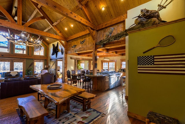 dining area with high vaulted ceiling, a notable chandelier, a wealth of natural light, and wood ceiling