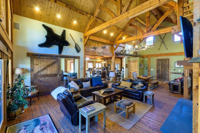 living room featuring beamed ceiling, high vaulted ceiling, and wood ceiling