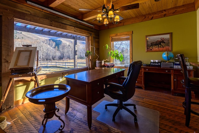 office area with wood ceiling, ceiling fan, and hardwood / wood-style floors