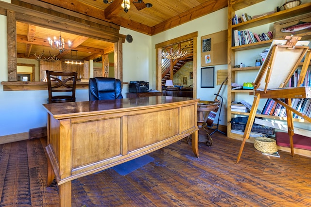 office featuring beam ceiling, wooden ceiling, dark hardwood / wood-style floors, and a chandelier