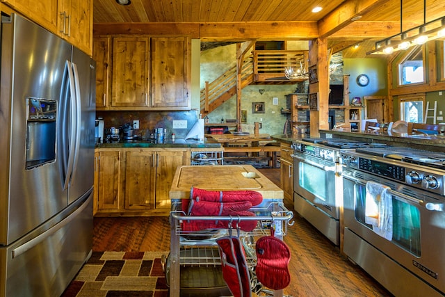 kitchen with dark hardwood / wood-style flooring, stainless steel appliances, tasteful backsplash, wooden ceiling, and beamed ceiling