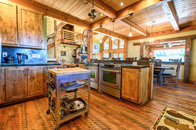 kitchen featuring stainless steel range, a center island, dark hardwood / wood-style floors, and wood ceiling