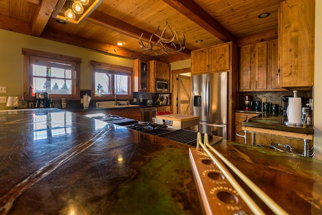 kitchen with beamed ceiling, wood ceiling, and stainless steel appliances