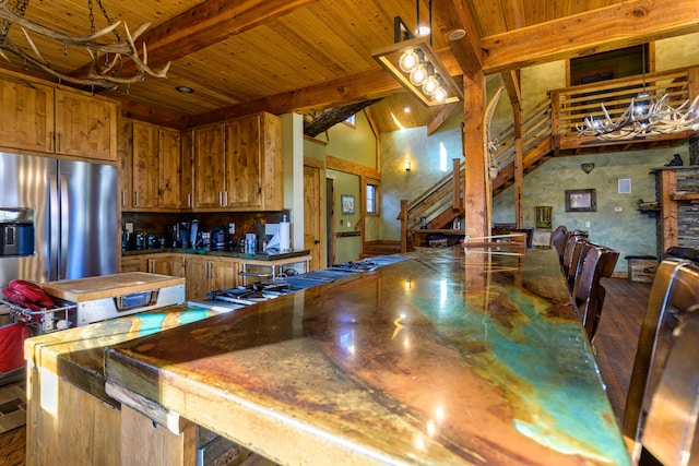 kitchen with beamed ceiling, wooden ceiling, wood-type flooring, billiards, and high vaulted ceiling