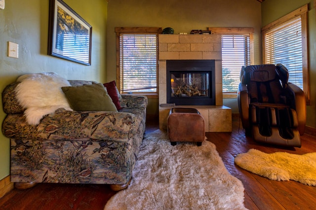 living room with a healthy amount of sunlight, dark hardwood / wood-style floors, and a fireplace