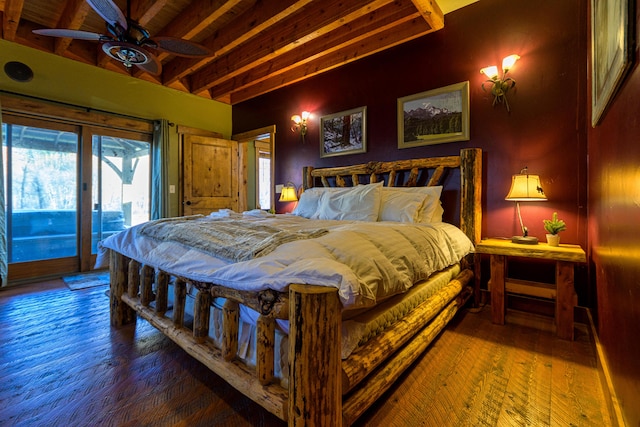 bedroom with ceiling fan, hardwood / wood-style floors, beamed ceiling, access to exterior, and wooden ceiling