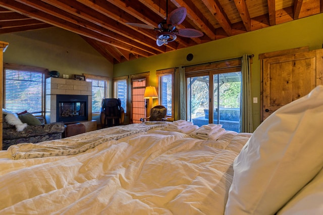 bedroom featuring access to outside, wood ceiling, vaulted ceiling with beams, and ceiling fan