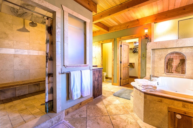 bathroom featuring tile floors, beam ceiling, separate shower and tub, and wood ceiling