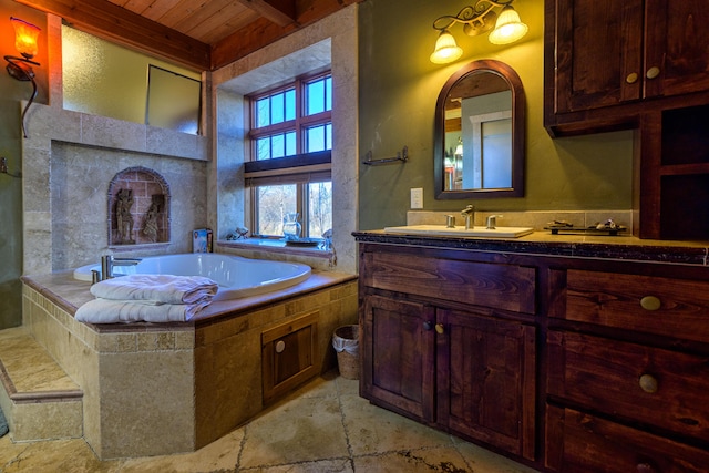 bathroom featuring tiled bath, oversized vanity, tile flooring, and wood ceiling