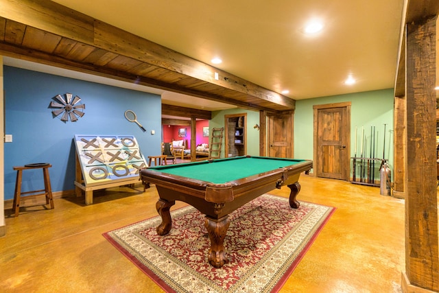 game room featuring beam ceiling and pool table