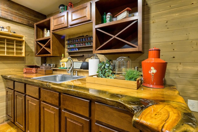 kitchen featuring sink and wooden walls