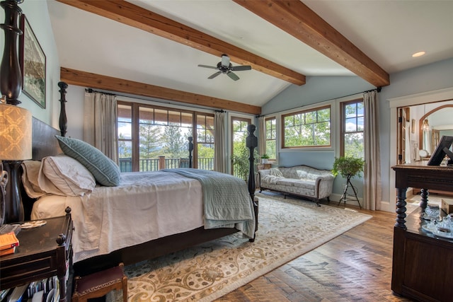 bedroom with access to exterior, light wood-type flooring, and vaulted ceiling with beams