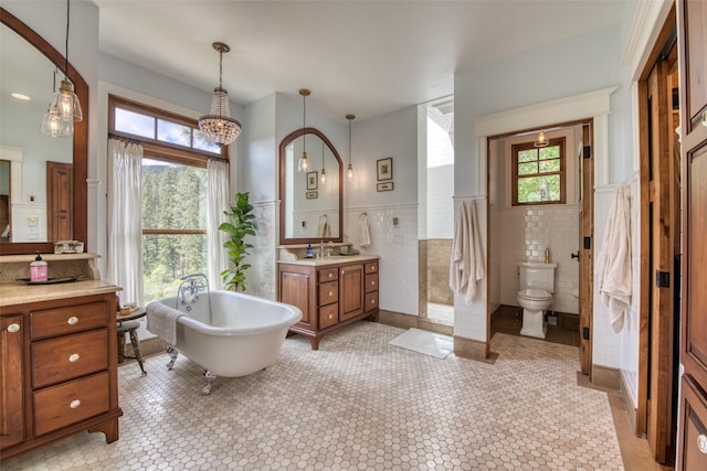 bathroom featuring vanity, a tub to relax in, plenty of natural light, and toilet