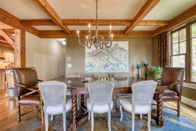 dining area with hardwood / wood-style flooring, coffered ceiling, an inviting chandelier, and beam ceiling