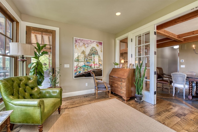 living area with french doors and parquet floors