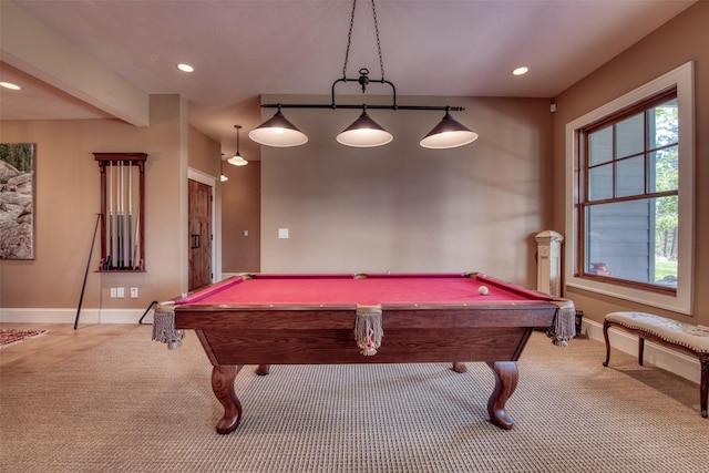 game room with carpet, beam ceiling, and billiards