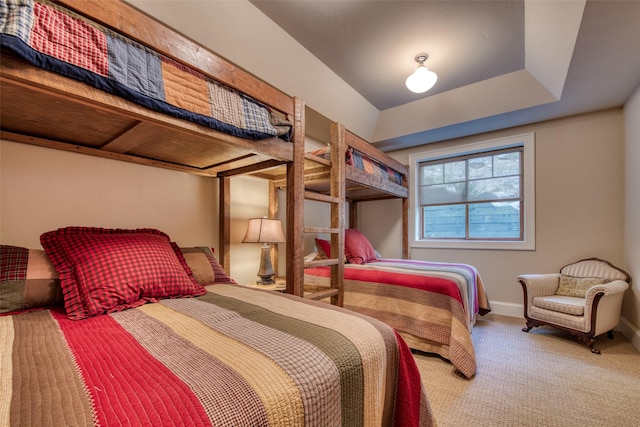 bedroom with a raised ceiling and carpet