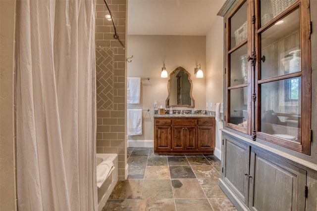 bathroom with vanity and shower / bathtub combination with curtain