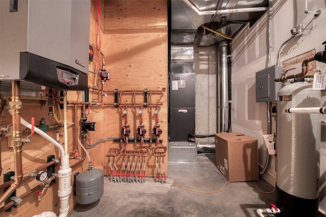 utility room with electric panel and water heater