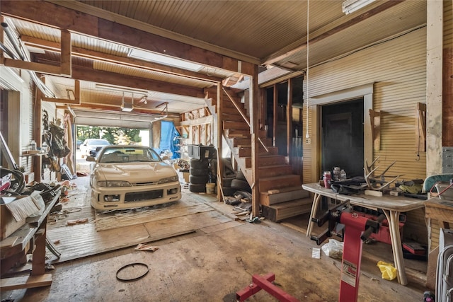 garage with a workshop area