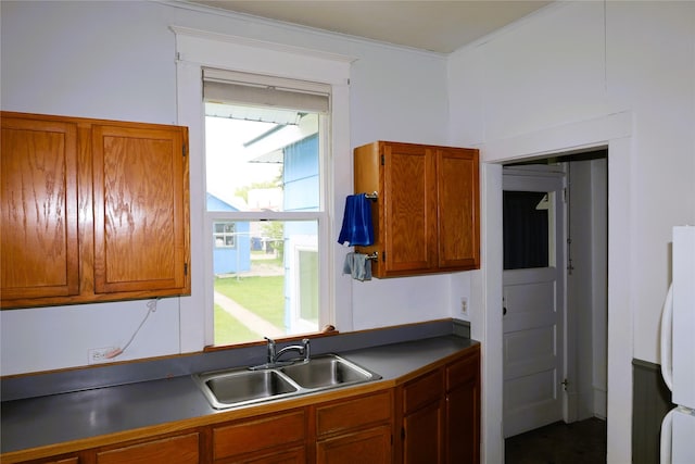 kitchen featuring white refrigerator and sink