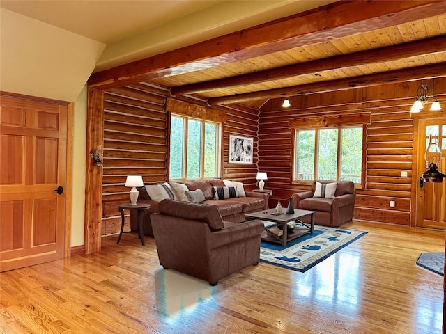 living room with wood ceiling, beam ceiling, and light hardwood / wood-style flooring