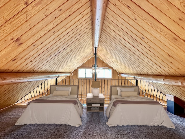 unfurnished bedroom with lofted ceiling with beams, carpet floors, wooden ceiling, and wooden walls