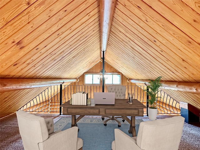 carpeted office with wooden walls, lofted ceiling with beams, and wooden ceiling