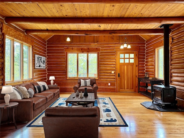 living room featuring a healthy amount of sunlight, a wood stove, wood ceiling, and light hardwood / wood-style flooring