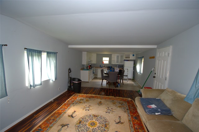 living room featuring a healthy amount of sunlight, dark hardwood / wood-style flooring, and vaulted ceiling