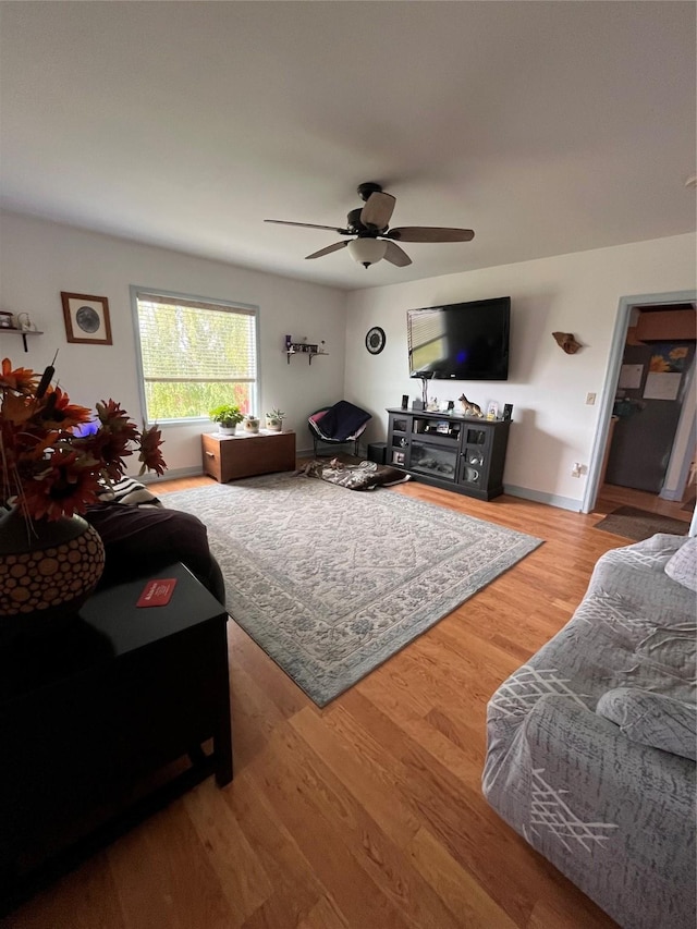 living room with hardwood / wood-style floors and ceiling fan