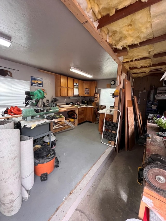 basement with a workshop area