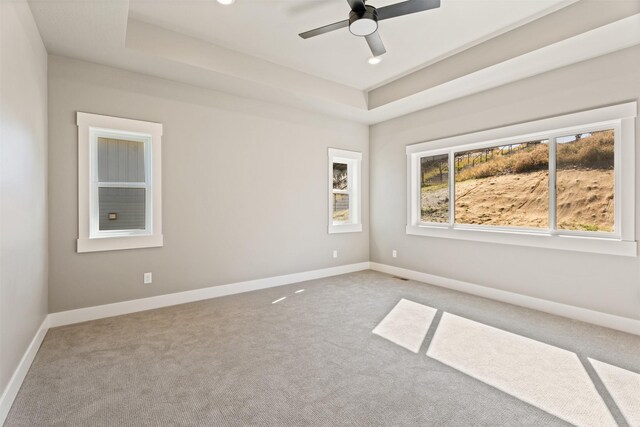 spare room with light colored carpet, ceiling fan, and a tray ceiling