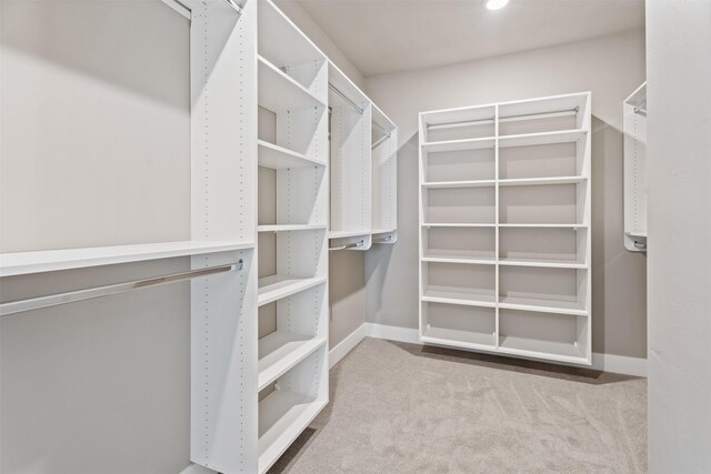 walk in closet featuring light colored carpet