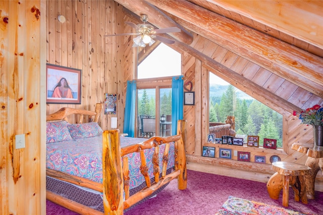 bedroom with carpet, wooden ceiling, wooden walls, vaulted ceiling with beams, and ceiling fan