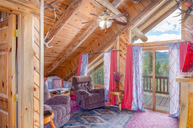 living area featuring vaulted ceiling with beams, ceiling fan, carpet, and wood ceiling