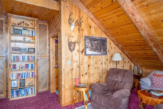 living area with wood ceiling, built in features, and wooden walls